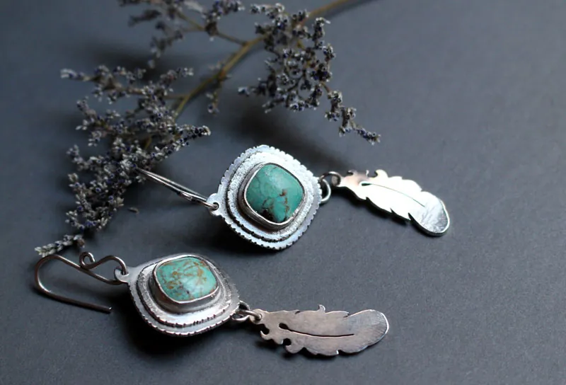 Learning to fly, dreamy feather earrings in silver and turquoise