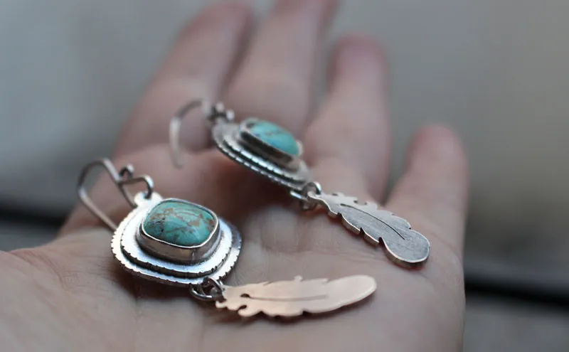 Learning to fly, dreamy feather earrings in silver and turquoise