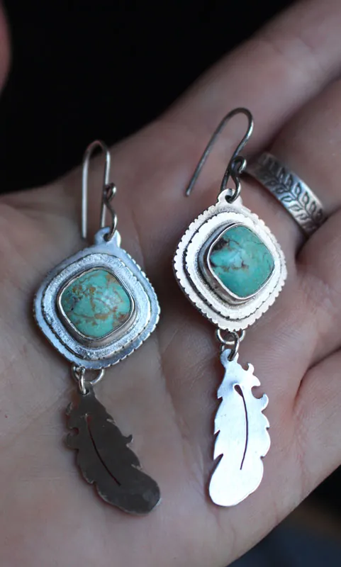Learning to fly, dreamy feather earrings in silver and turquoise