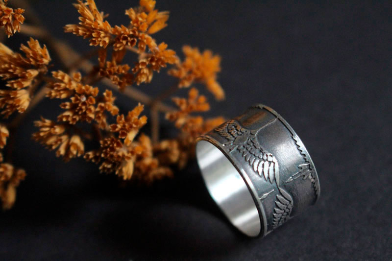 Legend of the 1000 cranes, Japanese bird ring in silver