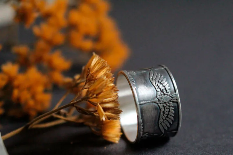 Legend of the 1000 cranes, Japanese bird ring in silver