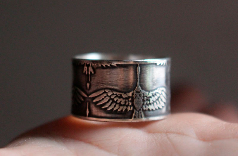 Legend of the 1000 cranes, Japanese bird ring in silver