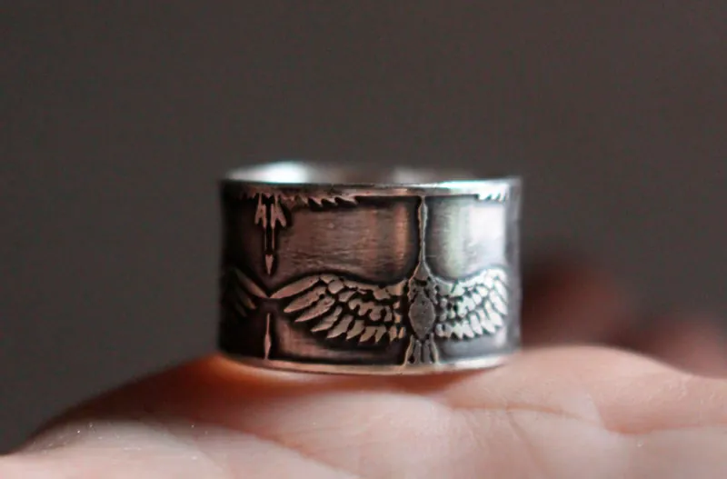 Legend of the 1000 cranes, Japanese bird ring in silver