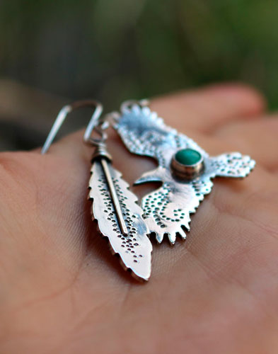 Liberty, eagle and feather earrings in silver and turquoise