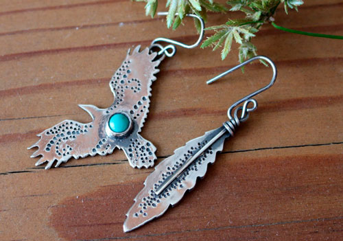 Liberty, eagle and feather earrings in silver and turquoise
