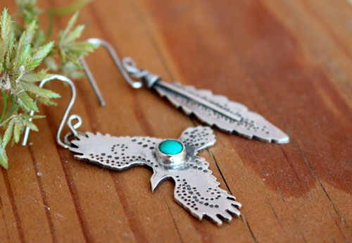 Liberty, eagle and feather earrings in silver and turquoise