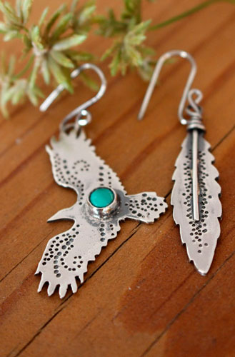 Liberty, eagle and feather earrings in silver and turquoise