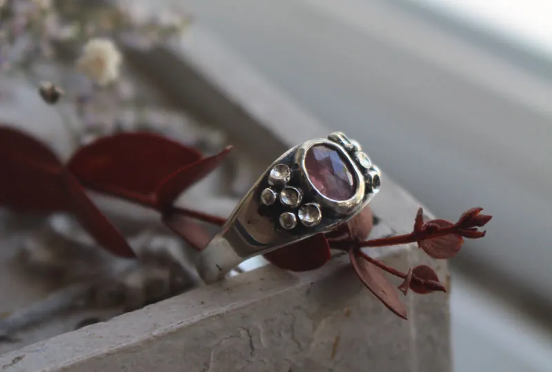 Lichen, botanical symbiosis ring in silver and pink sapphire