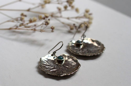 Lily pad leaves, resilience and transformation earrings in silver and chalcedony
