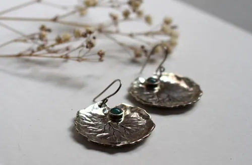 Lily pad leaves, resilience and transformation earrings in silver and chalcedony