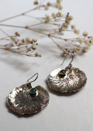 Lily pad leaves, resilience and transformation earrings in silver and chalcedony