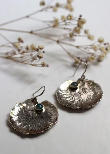 Lily pad leaves, resilience and transformation earrings in silver and chalcedony