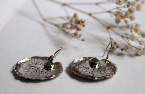 Lily pad leaves, resilience and transformation earrings in silver and chalcedony
