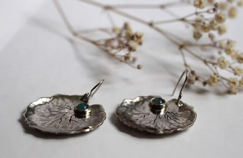 Lily pad leaves, resilience and transformation earrings in silver and chalcedony