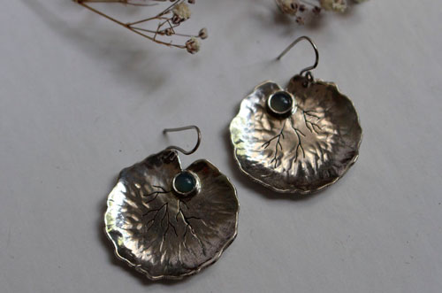Lily pad leaves, resilience and transformation earrings in silver and chalcedony