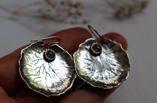 Lily pad leaves, resilience and transformation earrings in silver and chalcedony