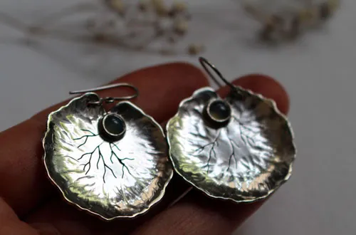 Lily pad leaves, resilience and transformation earrings in silver and chalcedony