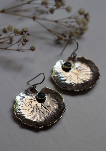 Lily pad leaves, resilience and transformation earrings in silver and chalcedony