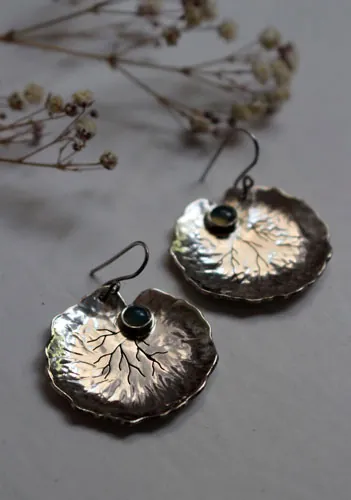 Lily pad leaves, resilience and transformation earrings in silver and chalcedony