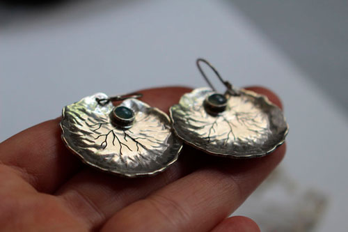 Lily pad leaves, resilience and transformation earrings in silver and chalcedony
