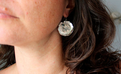 Lily pad leaves, resilience and transformation earrings in silver and chalcedony