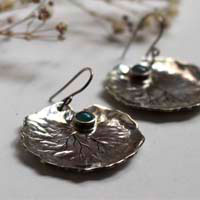 Lily pad leaves, resilience and transformation earrings in silver and chalcedony