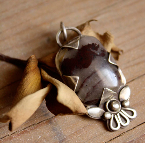 Loha, iron flower pendant in silver and iron jasper