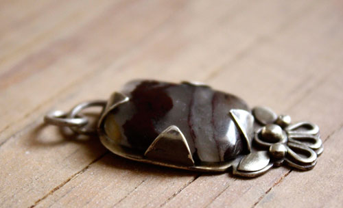 Loha, iron flower pendant in silver and iron jasper