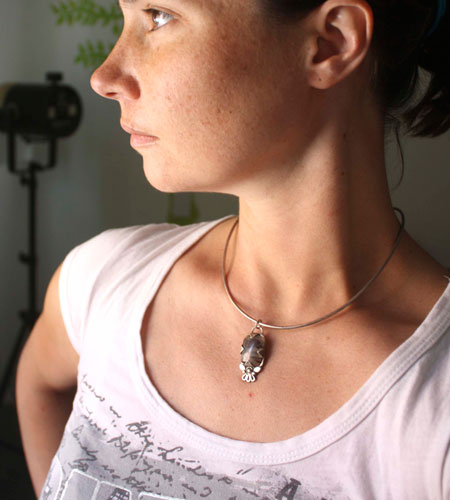 Loha, iron flower pendant in silver and iron jasper