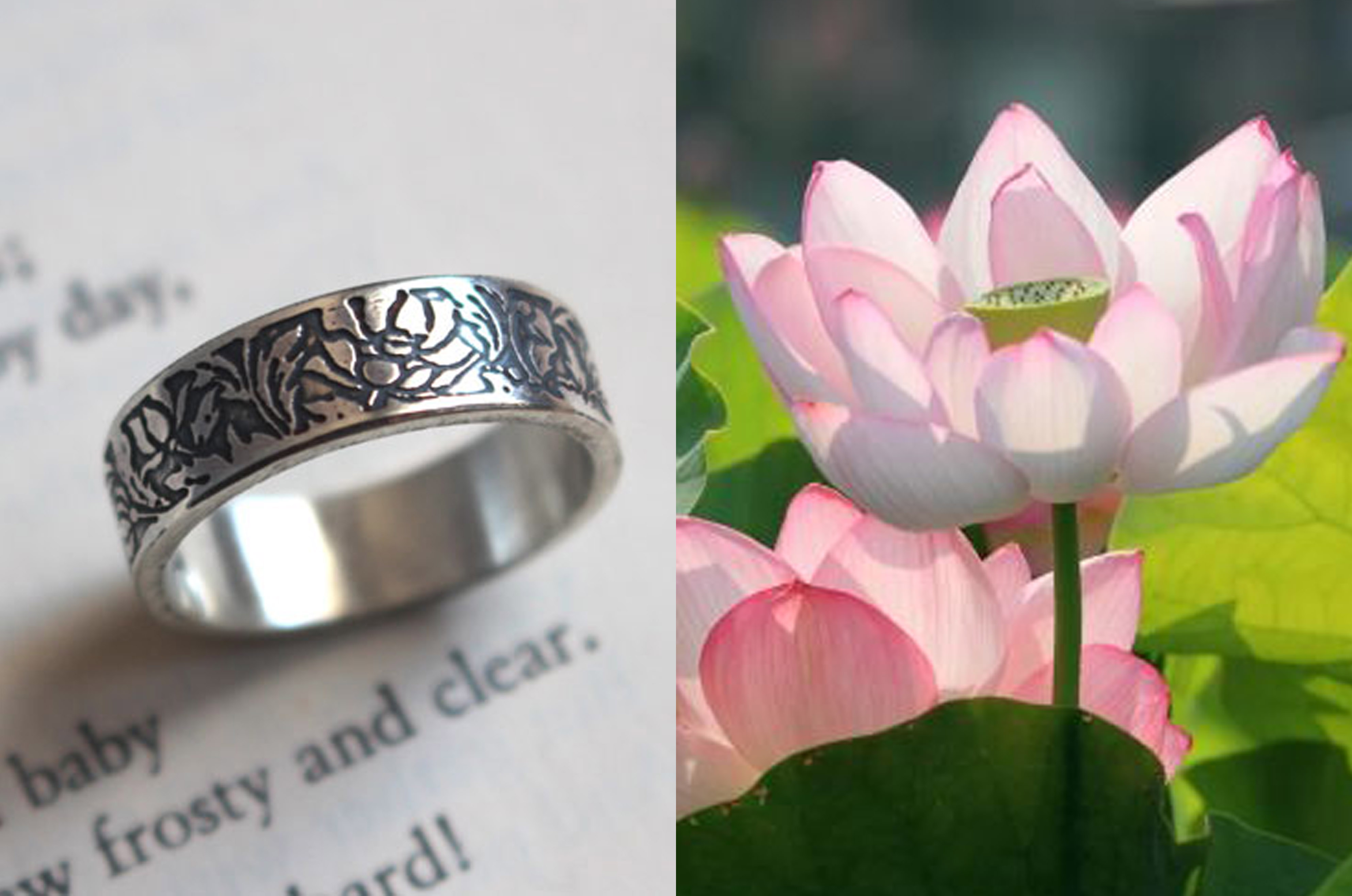 Lotus, aquatic flower ring in sterling silver