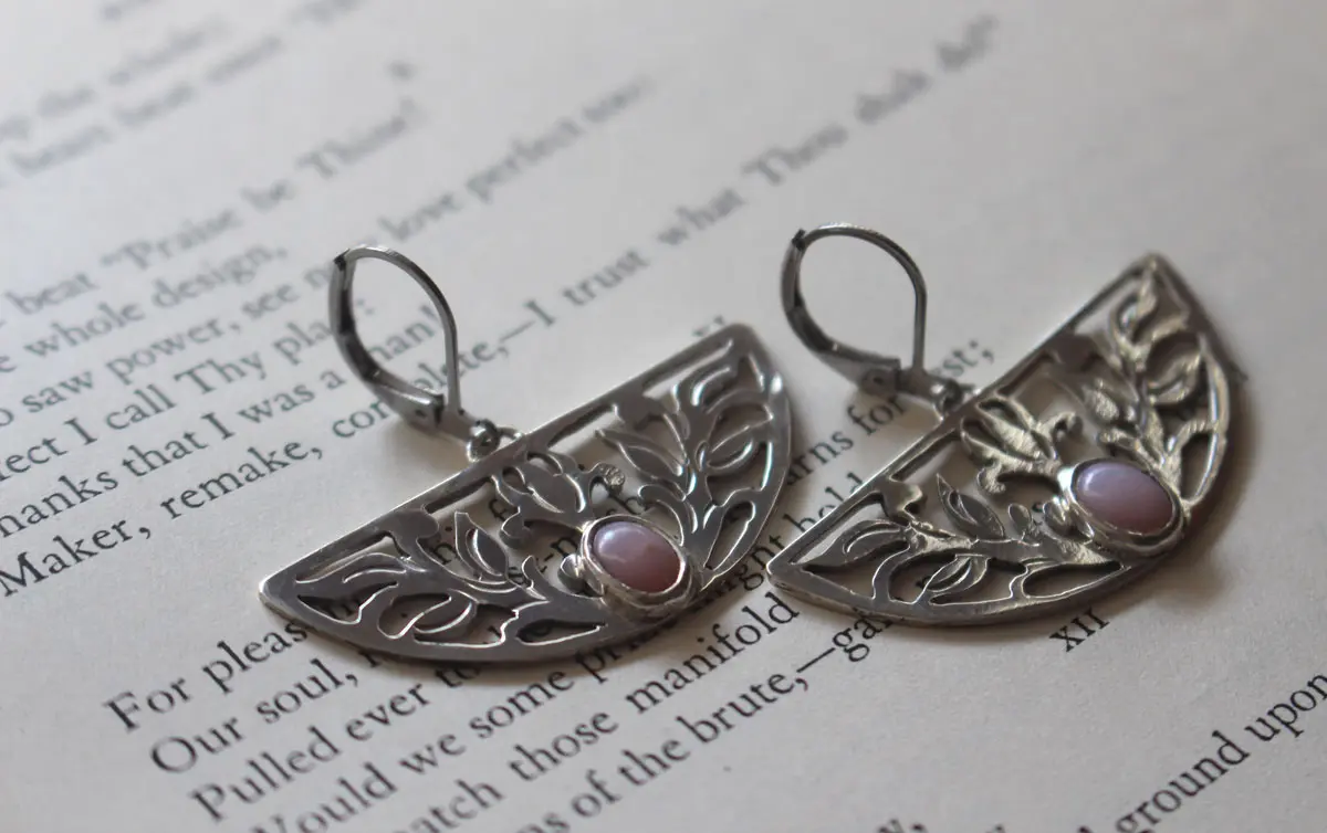 Lotus awakening, aquatic flower earrings in silver and opal