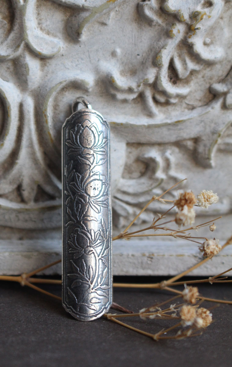 Lotus flower case, tubular botanical and aromatherapy diffuser pendant in silver