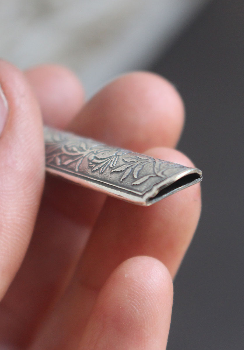 Lotus flower case, tubular botanical and aromatherapy diffuser pendant in silver