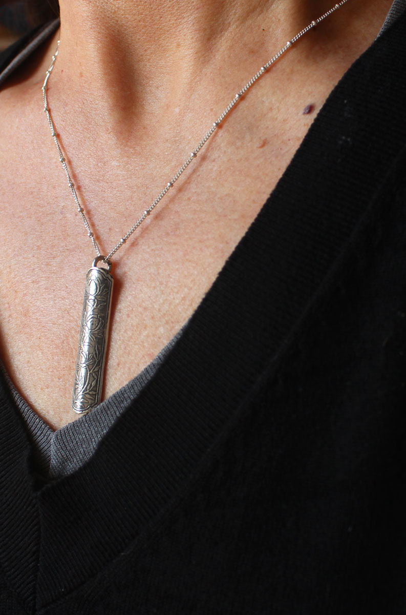 Lotus flower case, tubular botanical and aromatherapy diffuser pendant in silver