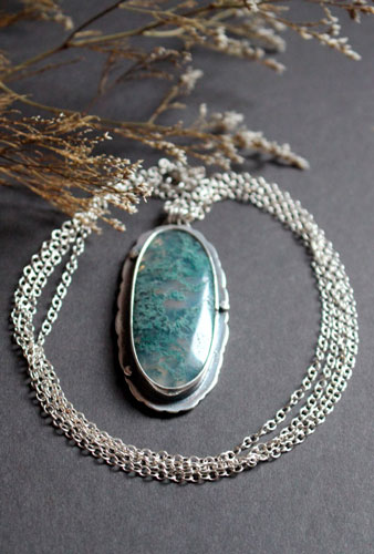 Love gives roots, romantic quote necklace in silver and moss agate