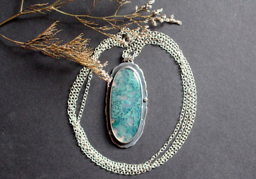 Love gives roots, romantic quote necklace in silver and moss agate