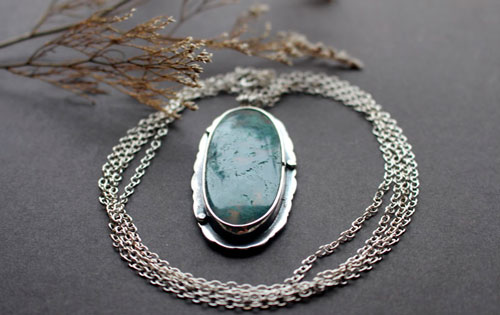 Love gives roots, romantic quote necklace in silver and moss agate