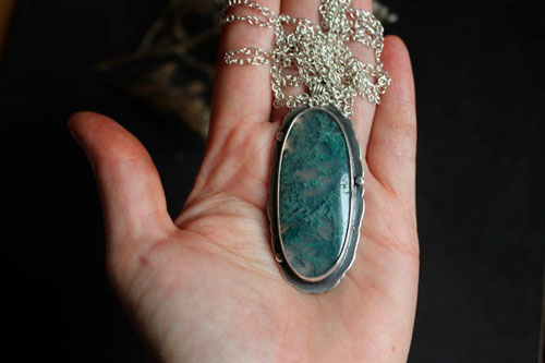 Love gives roots, romantic quote necklace in silver and moss agate