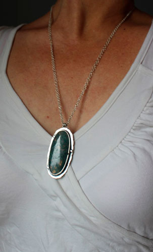 Love gives roots, romantic quote necklace in silver and moss agate