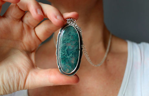 Love gives roots, romantic quote necklace in silver and moss agate