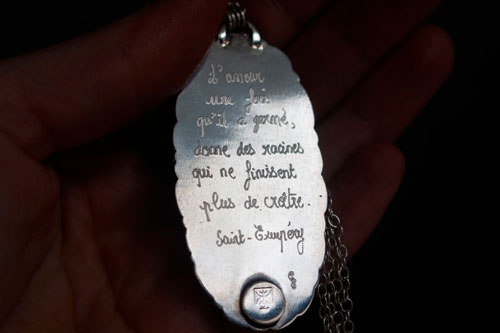 Love gives roots, romantic quote necklace in silver and moss agate