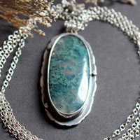 Love gives roots, romantic quote necklace in silver and moss agate