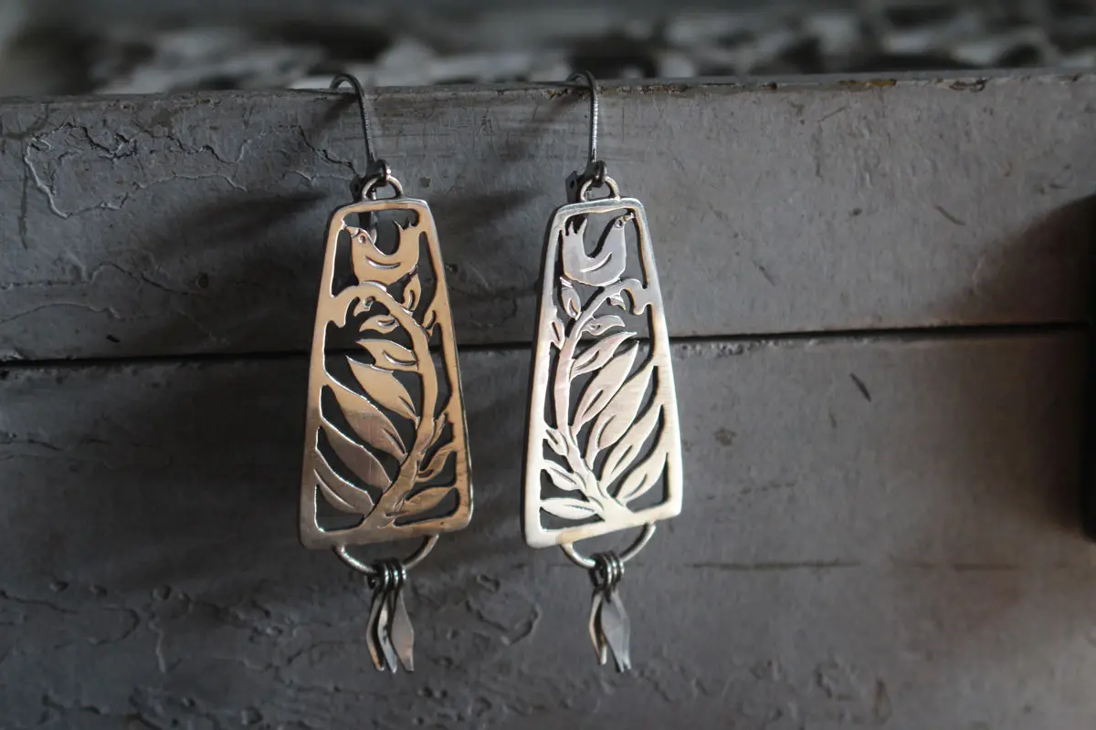 Lullaby, bird and fern earrings in silver