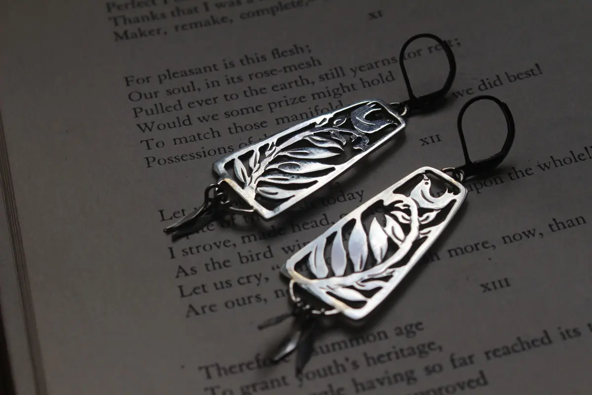 Lullaby, bird and fern earrings in silver