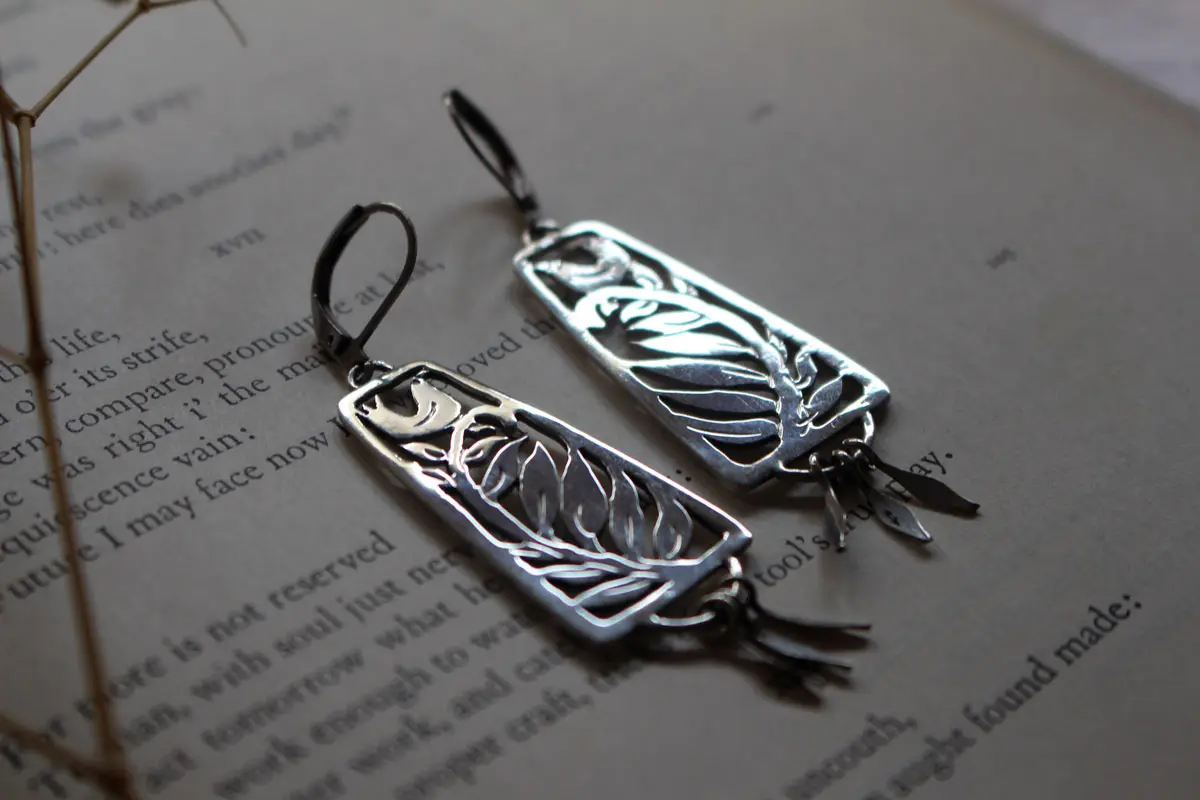 Lullaby, bird and fern earrings in silver