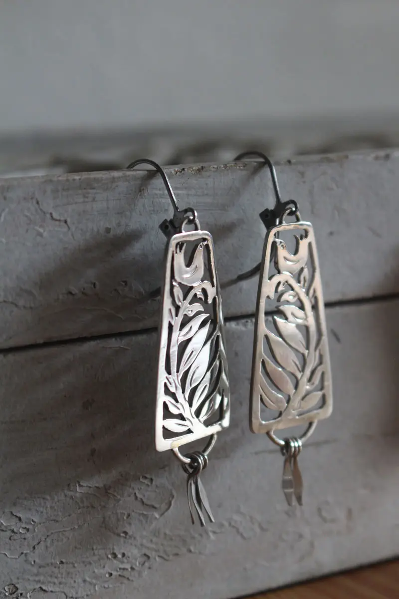 Lullaby, bird and fern earrings in silver