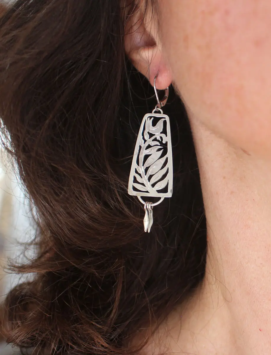 Lullaby, bird and fern earrings in silver