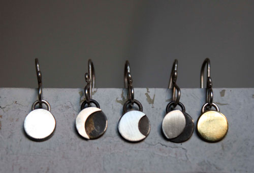 Lunar cycle, moon phase earrings in silver and brass
