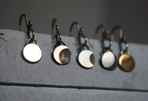Lunar cycle, moon phase earrings in silver and brass
