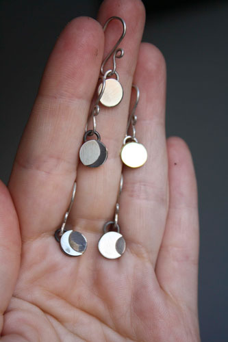 Lunar cycle, moon phase earrings in silver and brass